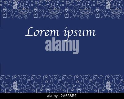 Pattern with baby products, contour icons. Stroller, toys horse for newborns.Colorful vector illustration can use for promotion, advertisement, with t Stock Vector