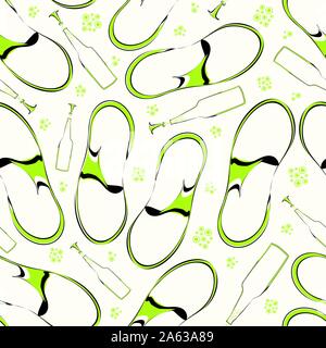 Retro green and black sandals and bottles with bubbles and corkscrews. Seamless vector pattern on light cream background. Great for beach, summer Stock Vector
