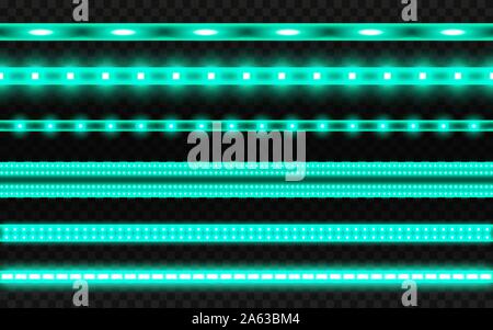 Neon realistic set. Green led lights on dark transparent background. Glowing stripes collection. Bright luminous lines. Repeated light elements. Vecto Stock Vector