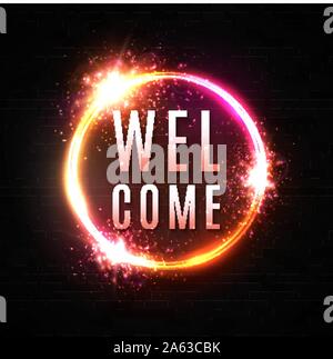 Welcome sign Neon light banner on black brick wall Stock Vector