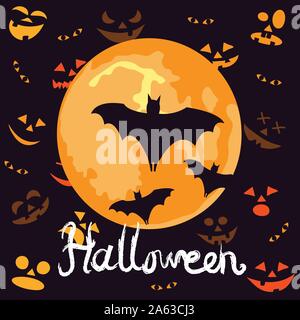 Halloween night background with pumpkins faces and the full moon Stock Vector