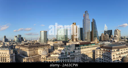Panoramic view over the Bank of England and conservation area landmarks, City of London financial district with iconic high rise skyscrapers