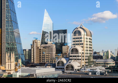 View of City of London financial and insurance district landmarks: Cheesegrater, Lloyds' Building, Scalpel, Willis Building, 20 Gracechurch Street