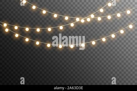 Christmas lights isolated. Glowing garlands on transparent dark background. Realistic luminous elements. Bright light bulbs for poster, card, brochure Stock Vector