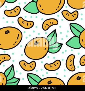 Winter seamless vector pattern. Christmas doodle cartoon illustration with sweet tangerine. Mandarin slices. Stock Vector