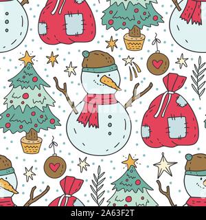 Winter seamless vector pattern. Christmas doodle cartoon illustration with Santa bag, fir tree and snowman. Stock Vector