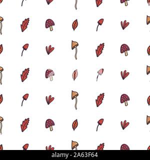 Beautiful cartoon set with colorful mushroom and leaf, seamless pattern for decorative design. Colorful nature vector background. Stock Vector