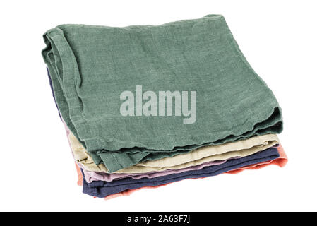 Group of non-ironed textile napkins of various colors isolated on white background. Photo taken by stacking method Stock Photo