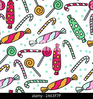 Winter seamless vector pattern. Christmas doodle cartoon illustration with candy canes, lollipop, and other sweets. Stock Vector