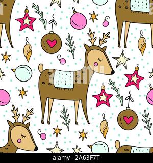 Winter seamless vector pattern. Christmas doodle cartoon illustration with cute deer animal stars and Christmas decorations. Stock Vector