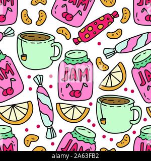 Winter seamless vector pattern. Christmas doodle cartoon illustration with sweet tea, mandarin, candy and jam bottle. Stock Vector
