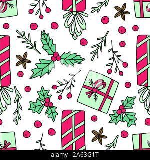 Winter seamless vector pattern. Christmas doodle cartoon illustration with red berry and gift box. Greeting package texture. Stock Vector