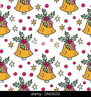 Winter seamless vector pattern. Christmas doodle cartoon illustration with red berry and bell. Stock Vector