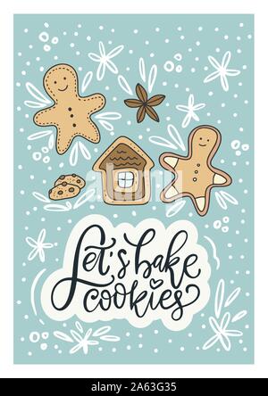 Winter vector card. Hand Drawn Merry Christmas Cartoon Doodle art with lettering quote - let's bake cookies and gingerbread man. Stock Vector
