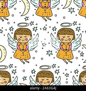 Winter seamless vector pattern. Christmas doodle cartoon illustration with cute baby angel among stars. Fairy heaven girl. Stock Vector