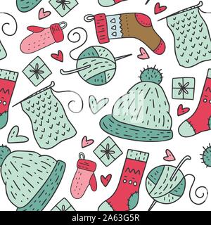 Winter seamless vector pattern. Christmas doodle cartoon illustration with handmade knitting accessories - gloves, socks and hat. Stock Vector