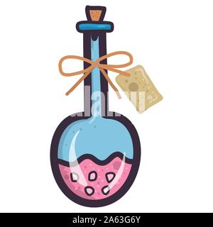 Cartoon illustration with pink witch poison bottle on transparent background.Halloween party decoration elements. Vector art. Stock Vector