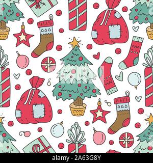 Winter seamless vector pattern. Christmas doodle cartoon illustration with Santa bag, fir tree and socks. Stock Vector