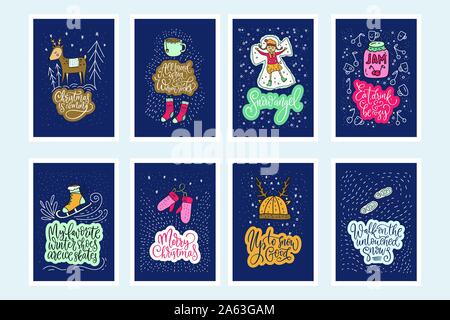 Christmas big vector set. Huge holiday card collection with cute cartoon winter skates, snow, socks, deer animal and children illustrations and hand drawn lettering quotes. Stock Vector