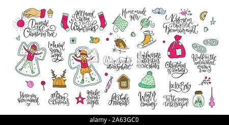 Winter and Christmas vector set. Calligraphy lettering greeting text and cartoon doodle holiday illustrations. Happy New year collection. Stock Vector