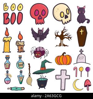 Doodle collection with big halloween set for party design. Witch hat, cat, bat, poison bottles, candle, pumpkin, skull, candy, moon etc. Stock Vector