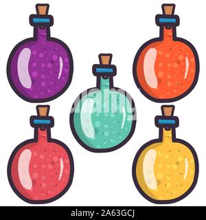 Cartoon set of illustration with five witch poison bottle on transparent background.Halloween party decoration elements. Vector art. Stock Vector