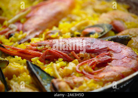 Close-up of the ingredients of a seafood paella already cooked and ready to take Stock Photo