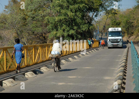 Lorry transporting goods on the Victoria Falls Bridge over the Zambezi River, from Zimbabwe to Zambia, Africa. Stock Photo