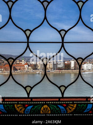 A view over Danube river and houses from Hungarian Parliament Building's window. Stock Photo