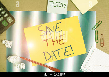 Word writing text Save The Date. Business photo showcasing reserve the mentioned future wedding date on their calendar Striped paperboard notebook car Stock Photo