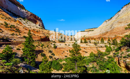 The white, yellow and orange colors of the sandstone Mountains and Mesas along the Zion-Mt.Carmel Highway on the East Rim of Zion National Park in UT Stock Photo