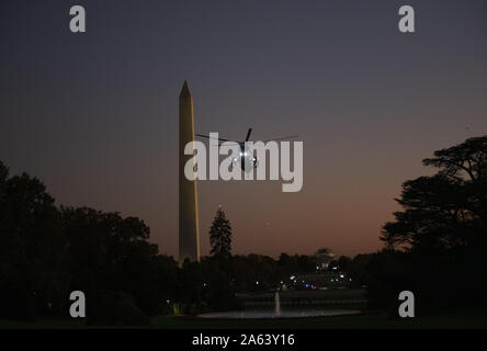 Washington, United States. 23rd Oct, 2019. Marine One, with United States President Donald J. Trump aboard, approaches the White House at dusk in Washington, DC following a trip to Pittsburgh, Pennsylvania on Wednesday, October 23, 2019. Photo by Ron Sachs/UPI Credit: UPI/Alamy Live News Stock Photo