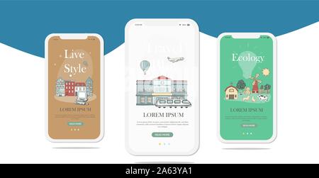 Set of onboarding screens user interface kit for Travel, Journey, Traveler, mobile app templates concept. Modern UX, UI screen for mobile or Stock Vector