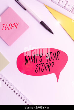 Word writing text What S Your Story Question. Business photo showcasing asking demonstrating about his past life actions career or events Red bubble c Stock Photo