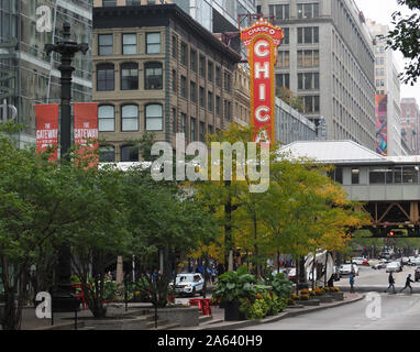 View of the Chicago Theatre sign on State Street in Chicago, IL Stock Photo