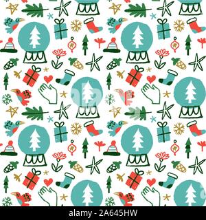 Christmas seamless pattern hand drawn holiday nature icons. Winter season doodle eco friendly background includes forest plants, gift box, snowflake a Stock Vector