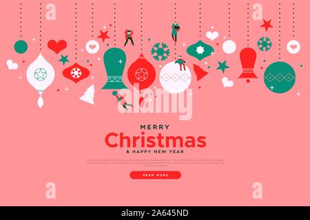 Merry Christmas landing page web design template for festive online event or winter sale. Cute cartoon small people playing on holiday bauble ornament Stock Vector