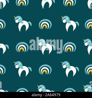 seamless vector pattern with simple unicorns and rainbowa on a dark teal background Stock Vector