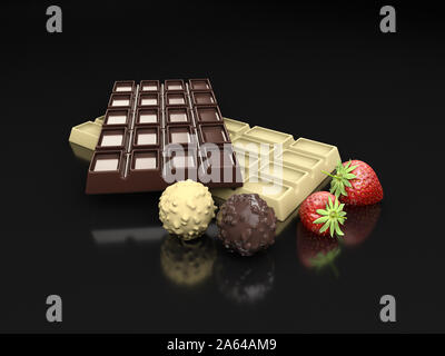 3d rendering of dark and white chocolate bars with strawberry isolated on black. Stock Photo