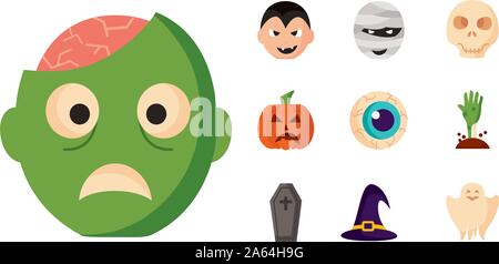 bundle of halloween set icons with zombie head Stock Vector