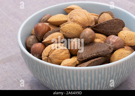 Mixed nuts, including almonds, hazelnuts, walnuts and Brazil nuts, in shells in a bowl.  Grey cloth background Stock Photo