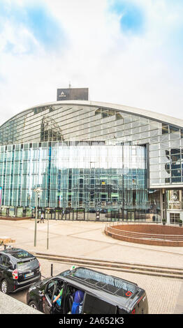 outside view of CNIT, centre des nouvelles industries et technologies, with areva tower in background Stock Photo