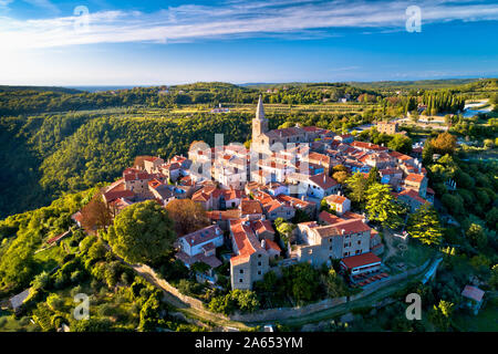 Groznjan. Ancient hill village of Groznjan aerial panoramic view, artist colony in Istria region of Croatia Stock Photo