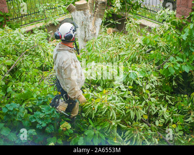 man with a chainsaw in the foliage. sneaks through the logs to another object Stock Photo