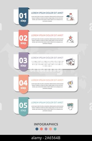 Vector infographic flat template. Rectangles for five diagrams, graph, flowchart, timeline, marketing, presentation. Business concept with 5 labels Stock Vector