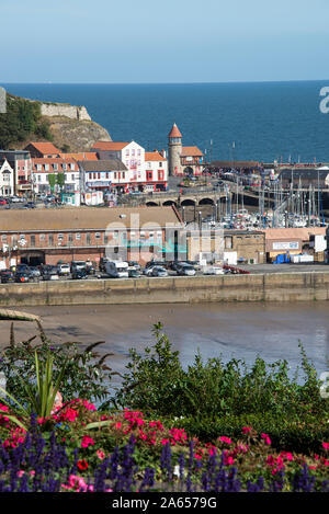 The View From Beautiful Gardens with Border Flowers to South Bay and Sands and Scarborough Harbour North Yorkshire England United Kingdom UK Stock Photo