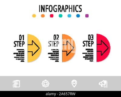 Vector infographic flat template. Semicircle with arrow for three diagrams, graph, flowchart, timeline, marketing, presentation. Business concept with Stock Vector