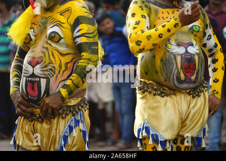 Pulikali Tiger Dance procession, Onam festival, Thrissur, Kerala, India, Asia Stock Photo