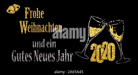 Two glasses of champagne and the German words Merry Christmas and a Happy New Year 2020 with glitter effect, vector illustration Stock Vector