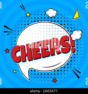 Comic Lettering Cheers In The Speech Bubbles Comic Style Flat Design. Dynamic Pop Art Vector Illustration Isolated On Rays Background. Exclamation Con Stock Vector
